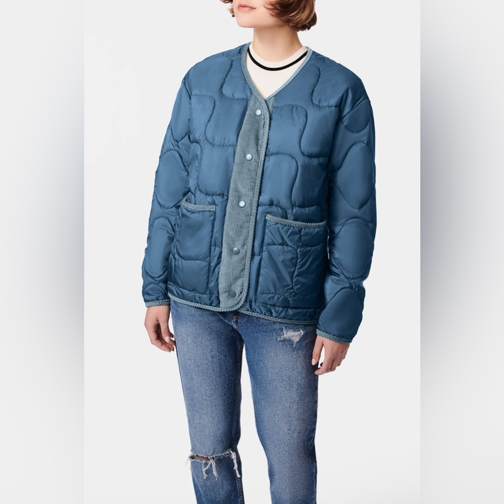 NWT- BERNIE BERNARDO Quilted Corduroy Trim Recycled Fabric Riviera Blue Jacket